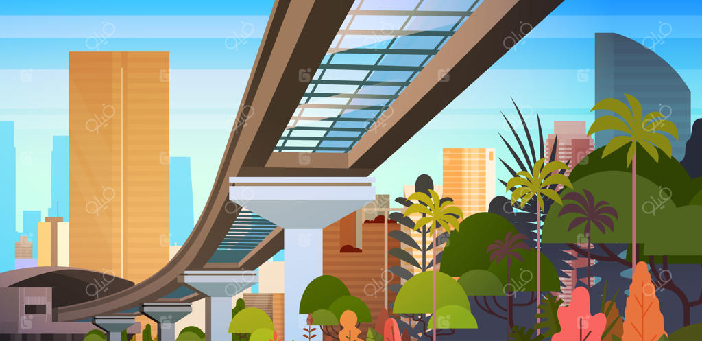 چشم‌انداز شهری با آسمان‌خراش‌های مدرن و چشم‌انداز راه‌آهن