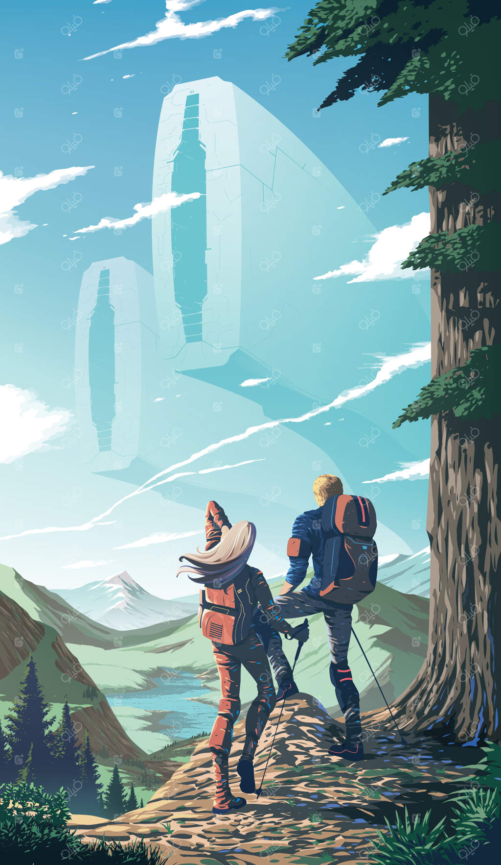 تصویرسازی علمی-تخیلی از یک زوج در حال صعود به قله صخره