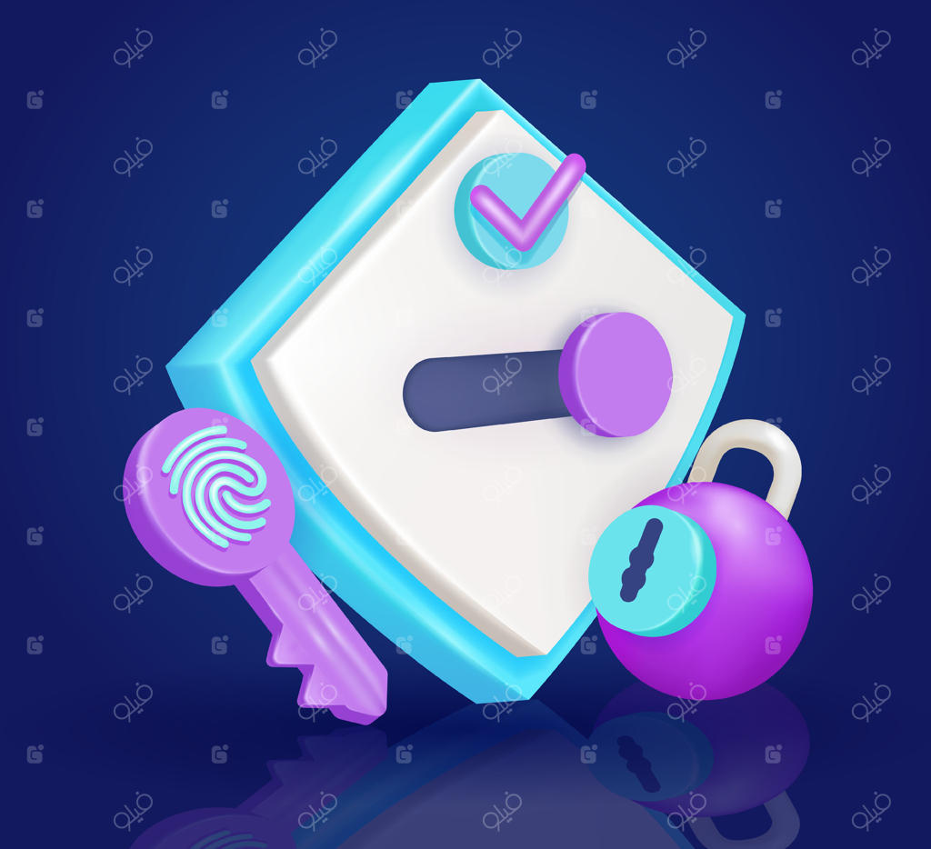 قفل امنیتی اثر انگشت و قفل مکانیکی با پس‌زمینه سپر سه‌بعدی. عنصر گرافیکی مدرن برای صفحات وب، شبکه‌های اجتماعی و اینفوگرافیک‌ها