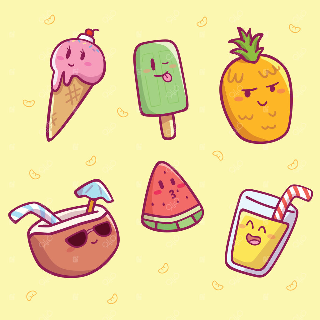آیکون‌های کارتونی و بامزه با تم خوراکی‌های تابستانی برای کودکان