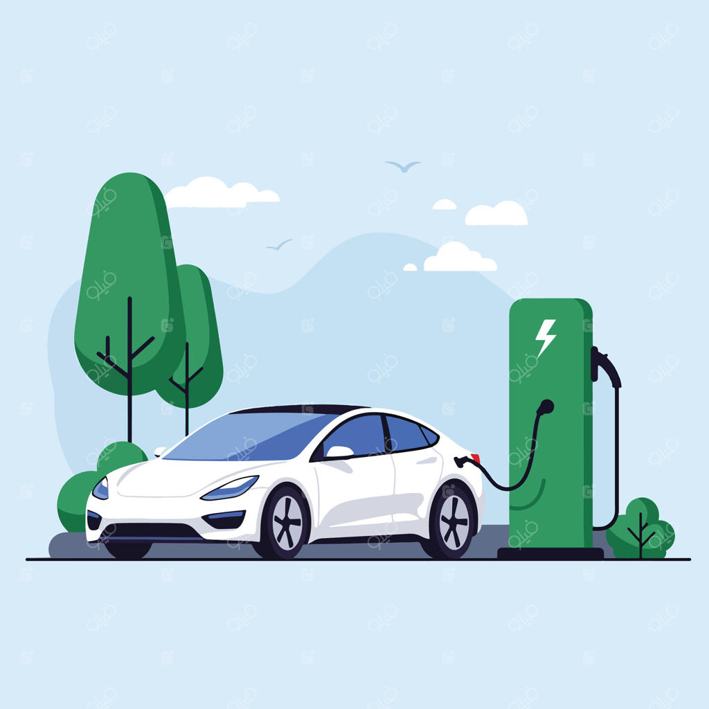 خودروی برقی سفید در ایستگاه شارژ سبز و در میان درختان.