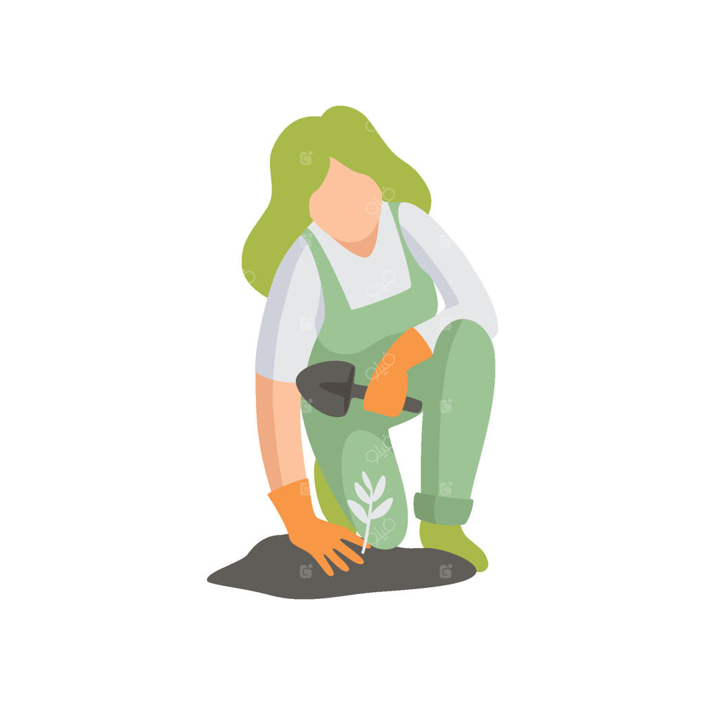 دختر در حال کاشت نهال، افراد در باغ مشغول به کار، کارگر در حال پرورش محصولات کشاورزی - تصویرسازی