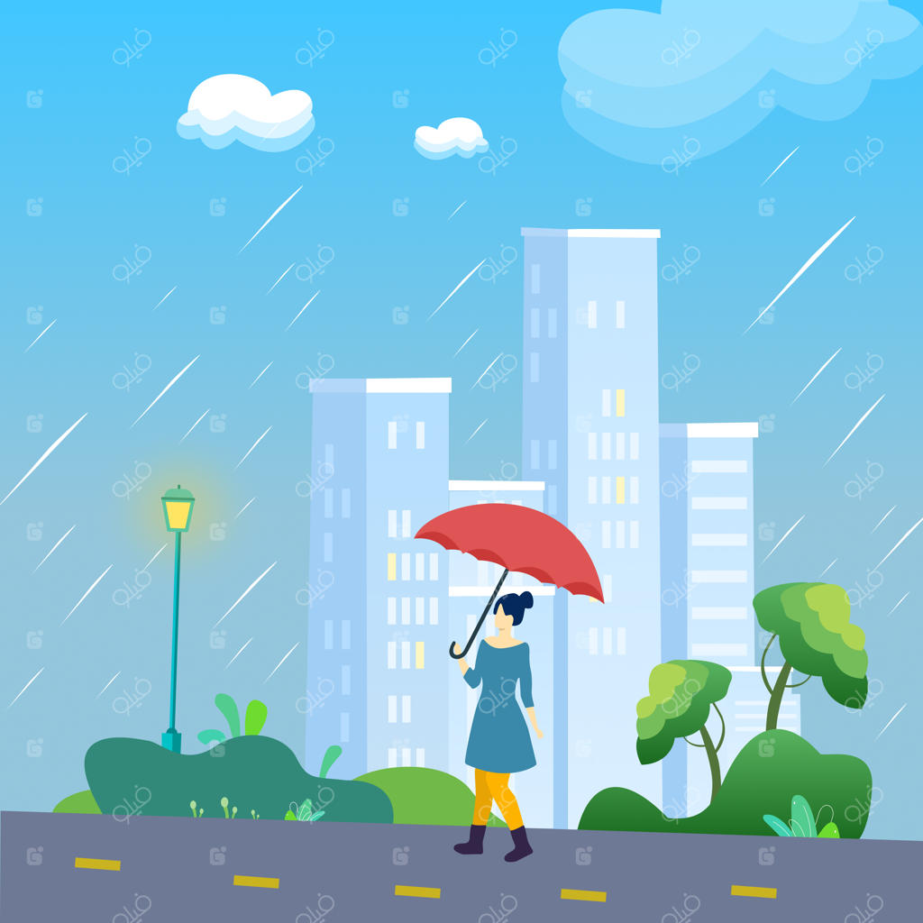 دختری در حال قدم زدن با منظره شهر در فصل بارانی