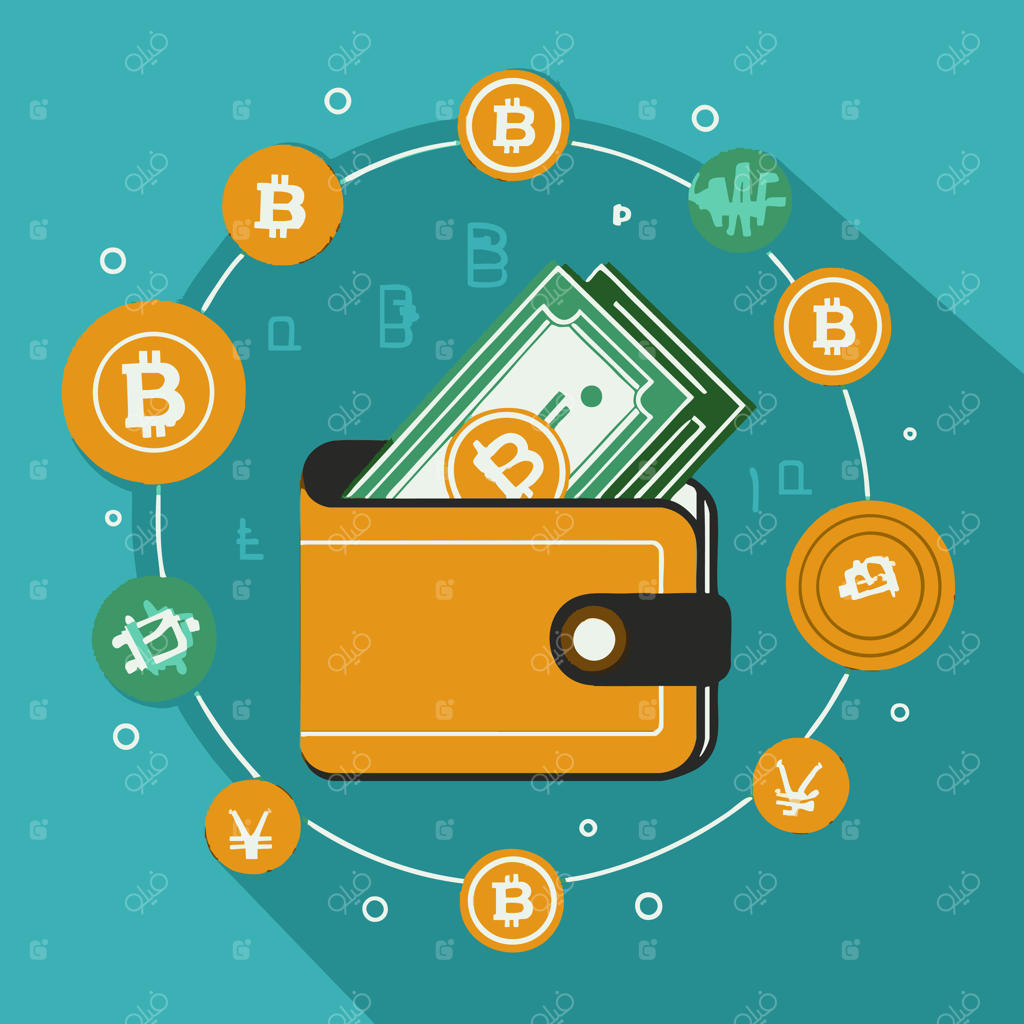 کیف پول دیجیتال با نمادهای ارزهای دیجیتال
