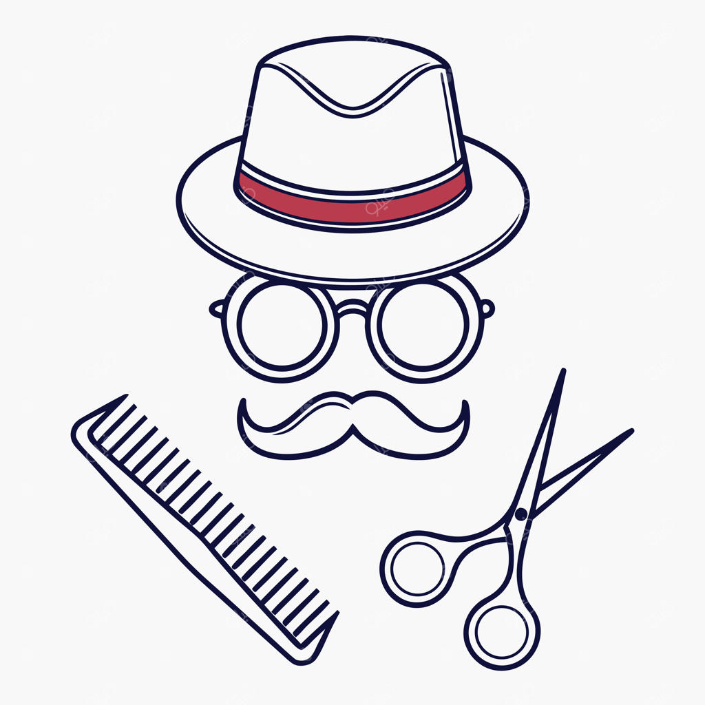 مجموعه آیکون‌های آرایشگاه مینیمالیستی با کلاه، عینک، سبیل، شانه و قیچی