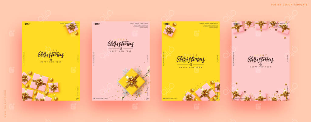 کریسمس مبارک و سال نو خوش! پس‌زمینه‌ی جشن با جعبه‌های هدیه. جشن تولد، پوستر، بنر سالگرد خوش. عناصر طراحی تزئینی واقع‌گرایانه. کارت تبریک با هدیه کریسمس.