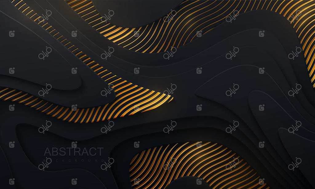 پس‌زمینه انتزاعی برش کاغذ مشکی با لایه‌های موج‌دار و الگوی طلایی