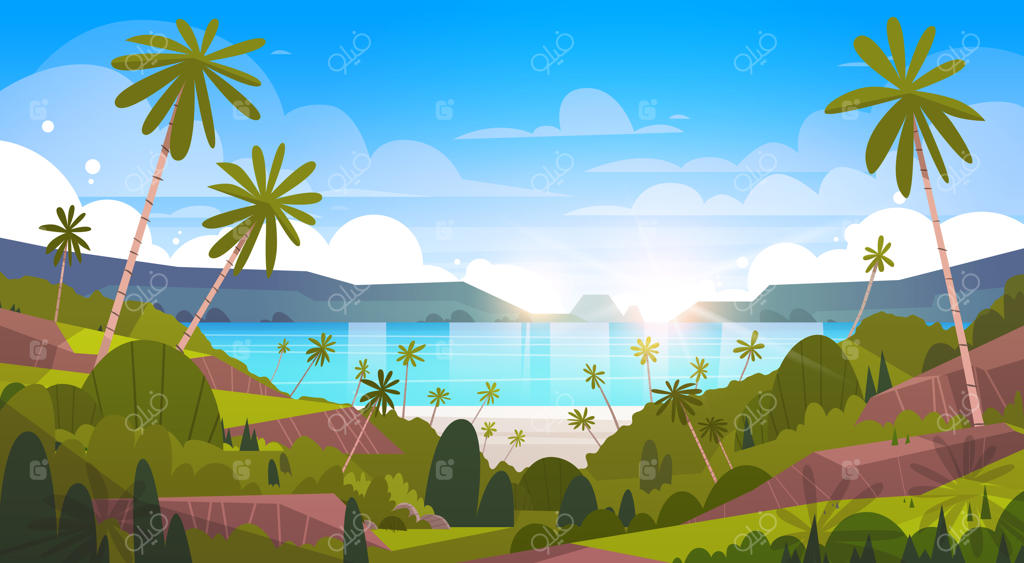 منظره زیبای ساحلی: ساحل تابستانی با درختان نخل و چشم‌انداز استراحتگاه گرمسیری