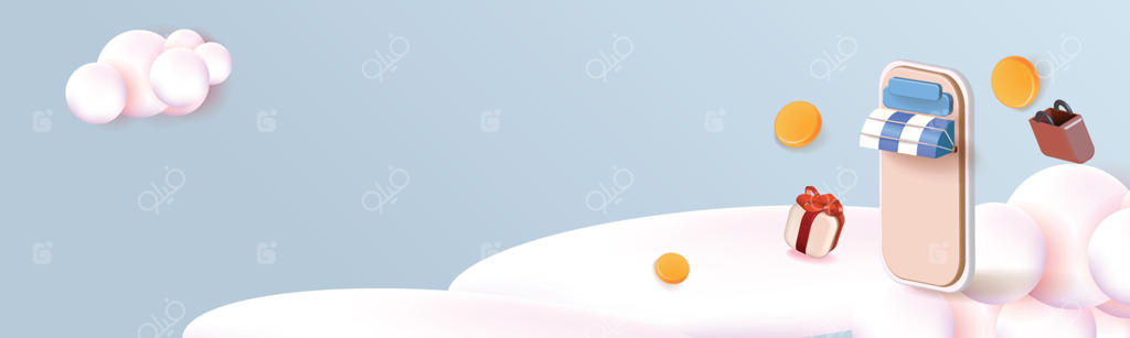 خرید آنلاین با گوشی؛ تصویرسازی مدرن با زمینه صورتی و جعبه‌های هدیه.