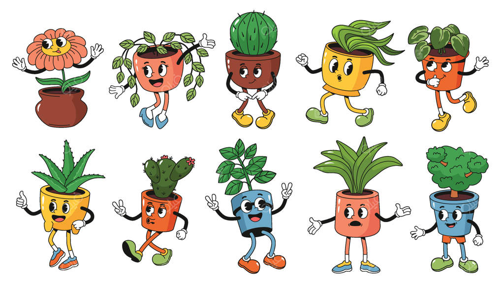 شخصیت‌های کارتونی گلدان‌های نوستالژیک: گیاهان خانگی بامزه با صورت خندان! گل دوست‌داشتنی، گلدان خنده‌دار با کاکتوس و ساکولنت خندان. مجموعه‌ای از طرح‌های شاد و رنگی برای گیاهان خانگی