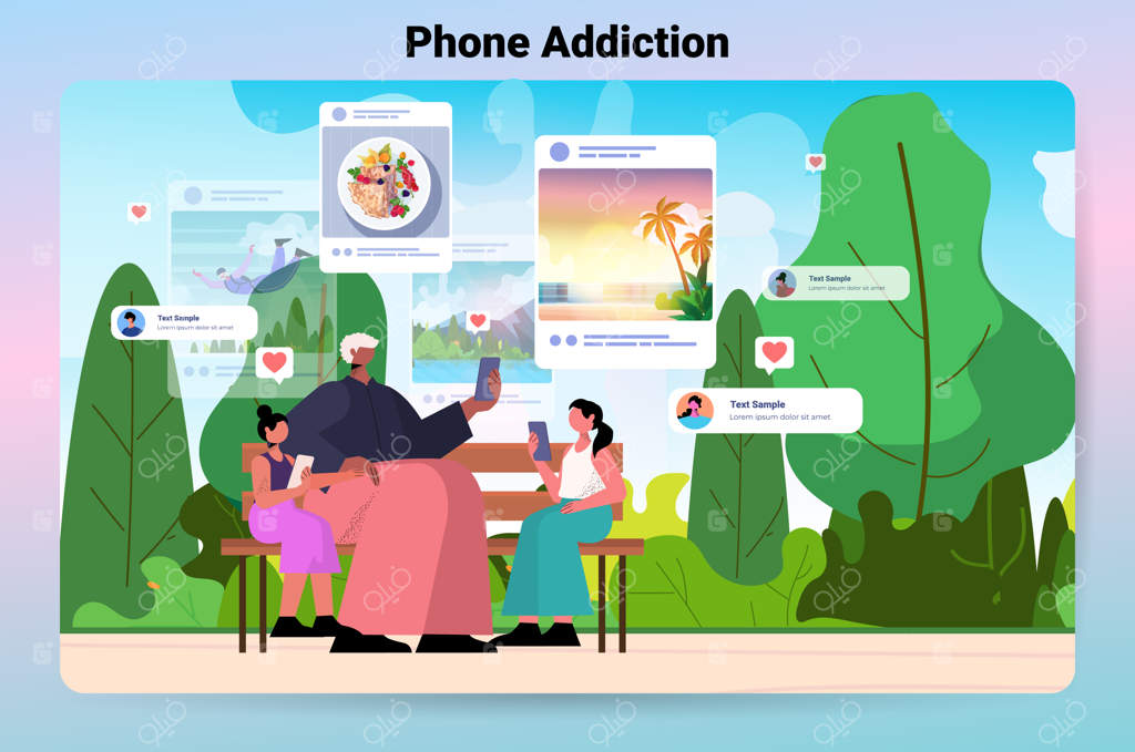 وبلاگ‌نویسان در حال اشتراک‌گذاری عکس در شبکه‌های اجتماعی: مفهوم اعتیاد به رسانه‌های اجتماعی برای مردان و زنان. تصویر پس‌زمینه منظره افقی، تمام قد، تصویرسازی وکتور