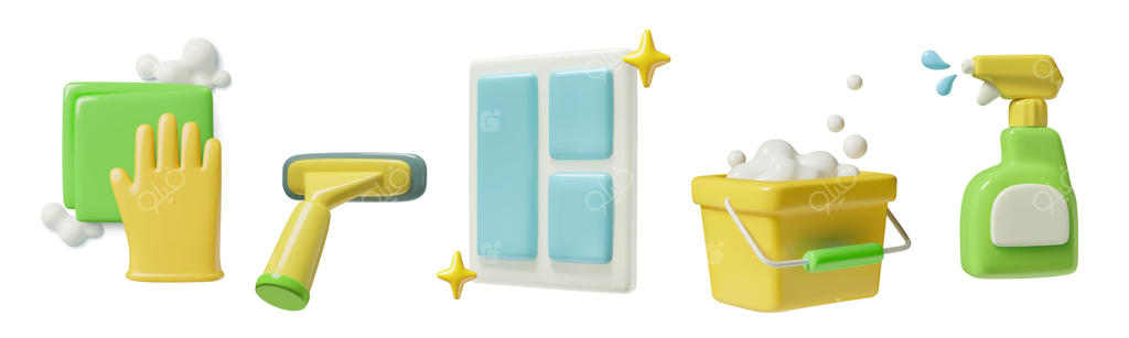 مجموعه آیکون‌های سه‌بعدی پاک‌سازی ویندوز: شامل طی، پاک‌کننده شیشه، سطل، کف صابون، دستکش لاستیکی و پارچه تمیزکاری