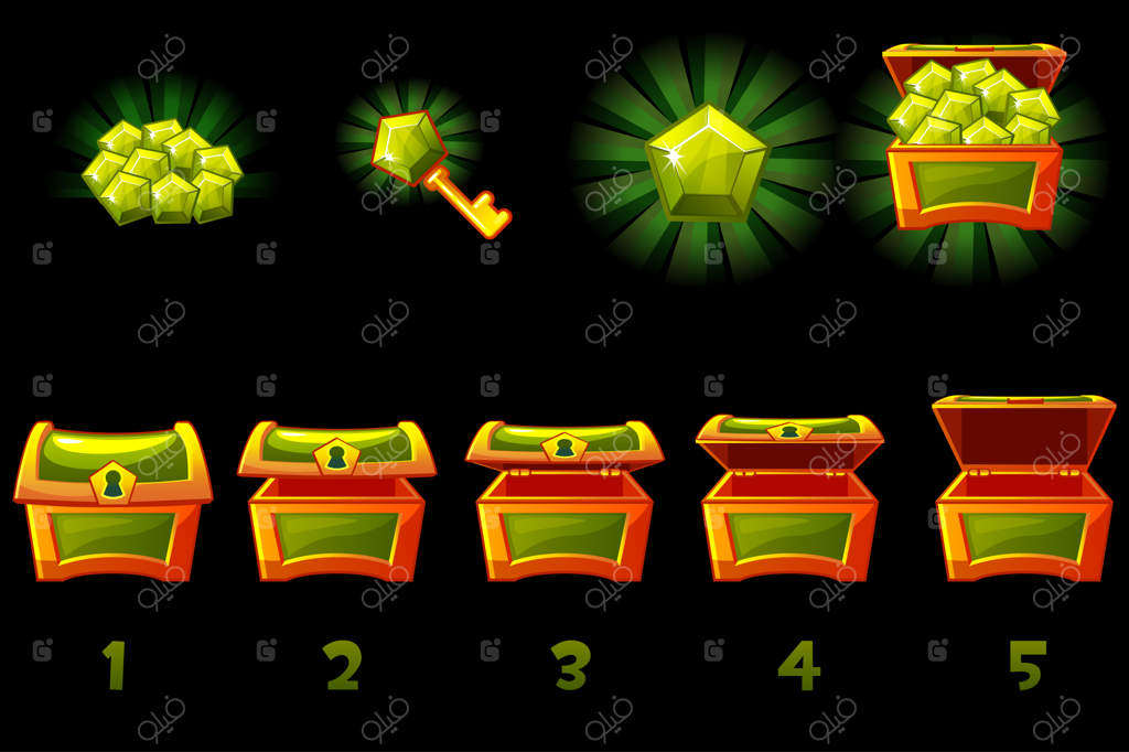 صندوقچه گنج انیمیشنی با جواهر سبز. مراحل باز و بسته، کامل و خالی. آیکون‌ها در لایه‌های جداگانه.