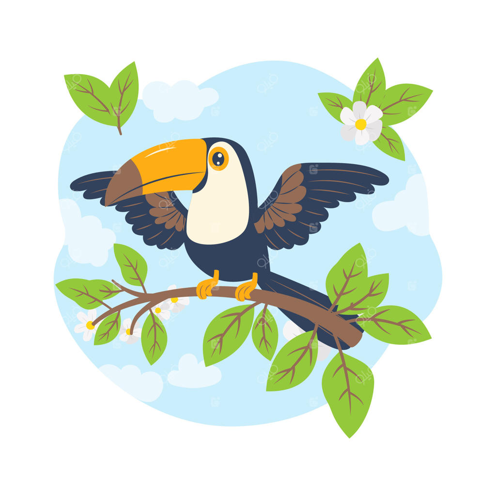 پرنده توکان بامزه بر شاخه‌ای در باغ