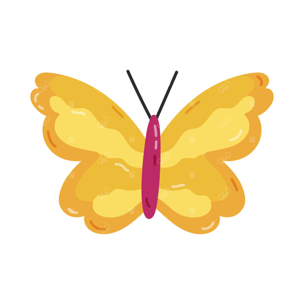 پروانه کارتونی بامزه با بال‌های زرد. حشره‌ای پرنده از مناطق گرمسیری و باغ‌ها. نماد محبوب دوران Y2K، دهه ۹۰ و ۲۰۰۰. پروانه ساده و دستی کشیده شده بر پس‌زمینه سفید. یادآور زیبایی شناسی دهه ۱۹۹۰.