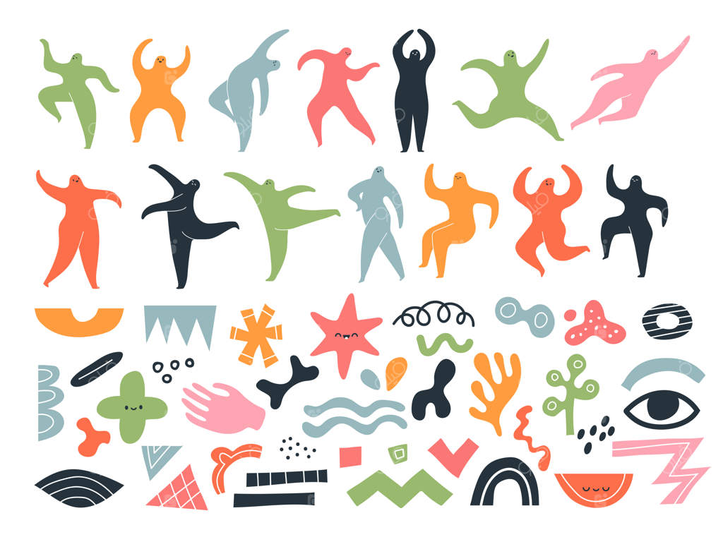 طرح‌های هندسی انتزاعی و مدرن: مجموعه جدید از آیکون‌ها و قالب‌های وکتوری رنگارنگ و شاد با اشکال هندسی و آدمک‌های متحرک