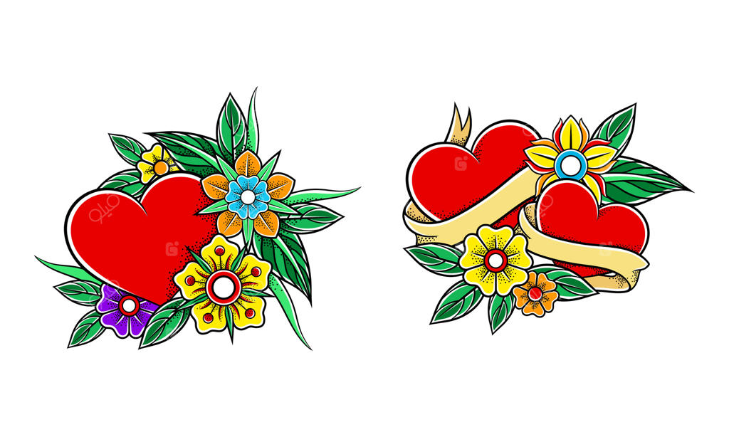 طرح‌های قدیمی مدرسه تاتو: قلب قرمز، گل‌ها و برگ‌ها به سبک کلاسیک وینتیج