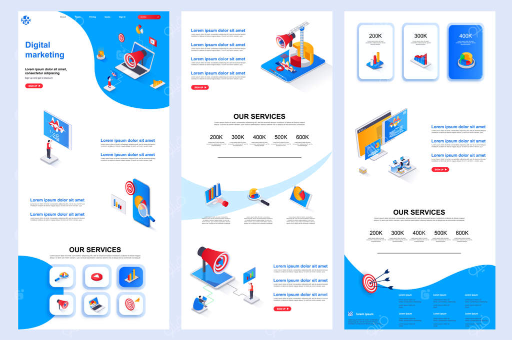 قالب وبسایت ایزومتریک بازاریابی دیجیتال: صفحه فرود، محتوای میانی و پاورقی