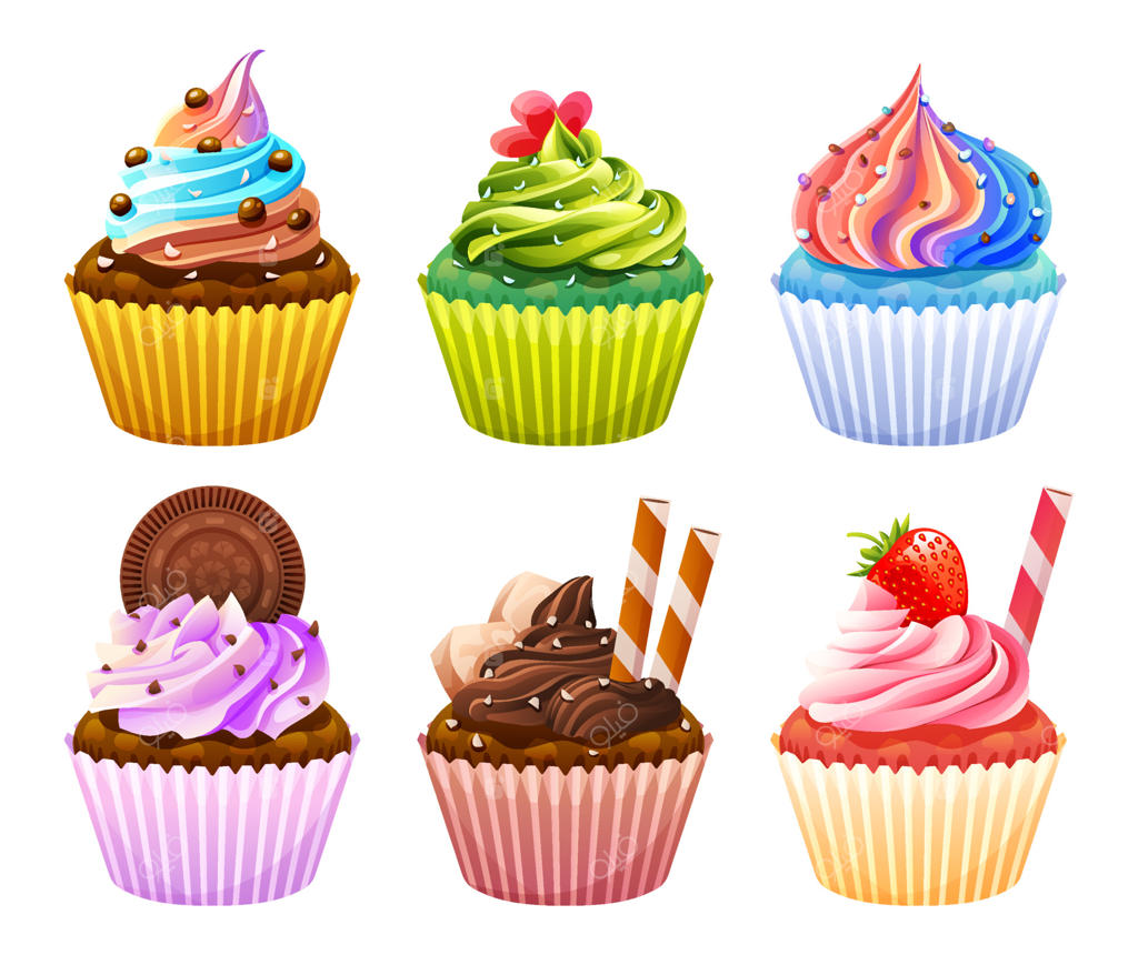 مجموعه‌ای از تصویرسازی کارتونی کاپ‌کیک‌های خوشمزه
