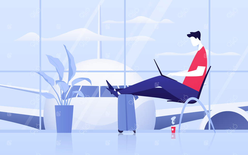 تصویر برداری از یک جوان با لپ‌تاپ در سالن انتظار فرودگاه