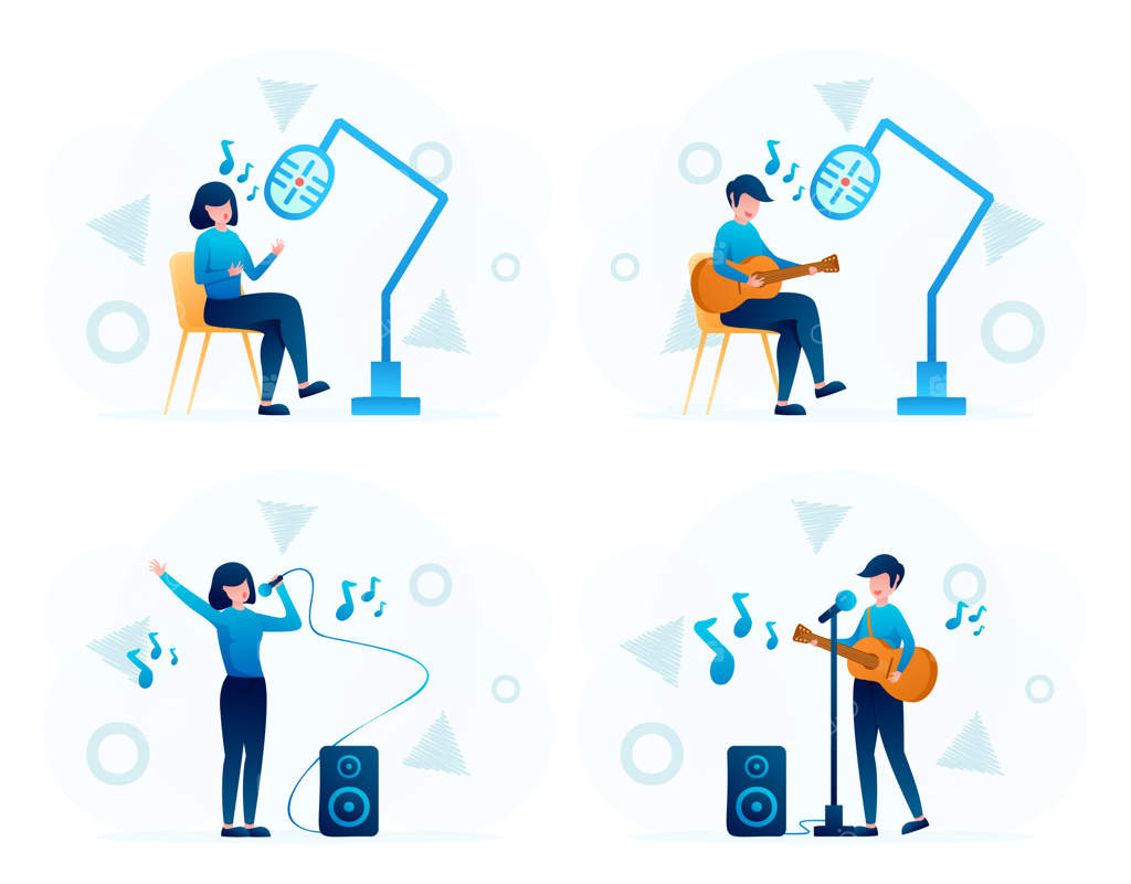 نمایش موزیکال روی صحنه: هنرمندان در حال اجرای موسیقی - شب‌نشینی سرگرم‌کننده با تصویرسازی کارتونی وکتور