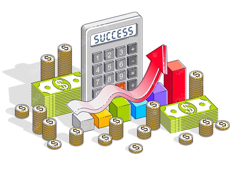 مفهوم موفقیت در کسب‌وکار و رشد درآمد، ماشین حساب، نمودار با فلش، پول نقد و سکه‌های دلار روی زمینه سفید. تصویر ایزومتریک سه‌بعدی از تجارت و مالی.