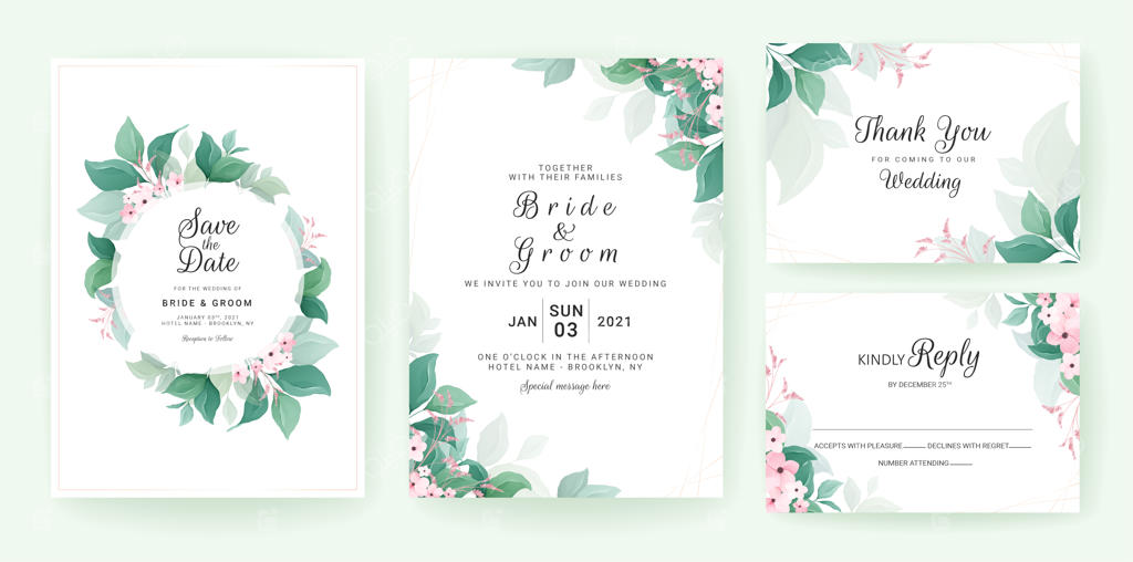 ست قالب دعوت عروسی با طراحی سبزینه و کادر برگ و گل‌های کوچک.