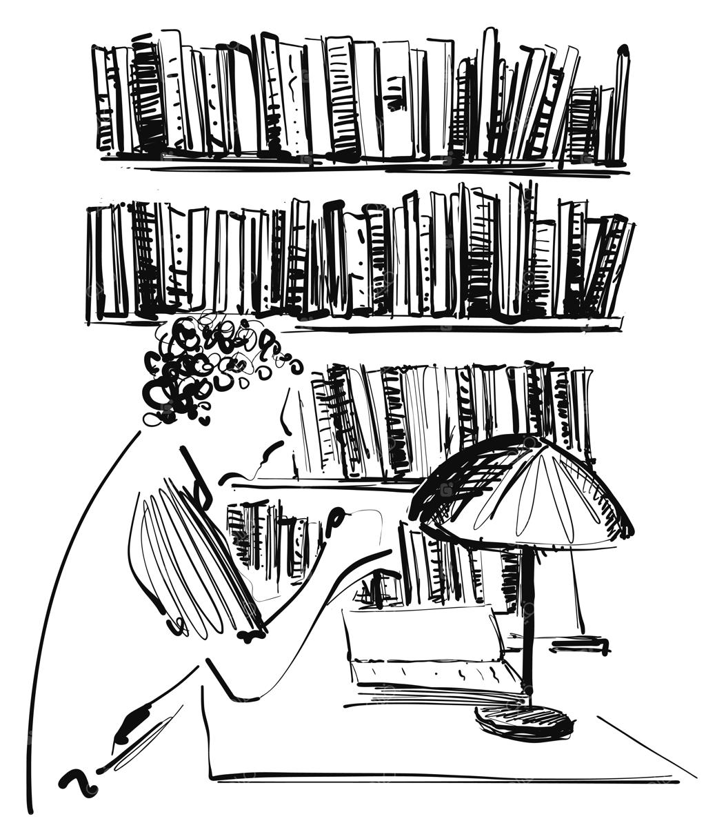 مردی نشسته روی مبل در کتابخانه، دانشجوی دارای اضافه‌وزن در حال مطالعه کتاب - مفهوم آموزش و دانش، قفسه کتاب، اتاق مطالعه، طرحی دست‌ساز