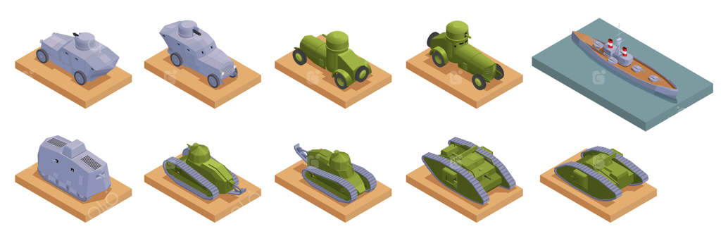 تصویرسازی ایزومتریک وسایل نقلیه نظامی جنگ جهانی اول: کشتی‌ها و تانک‌های زرهی