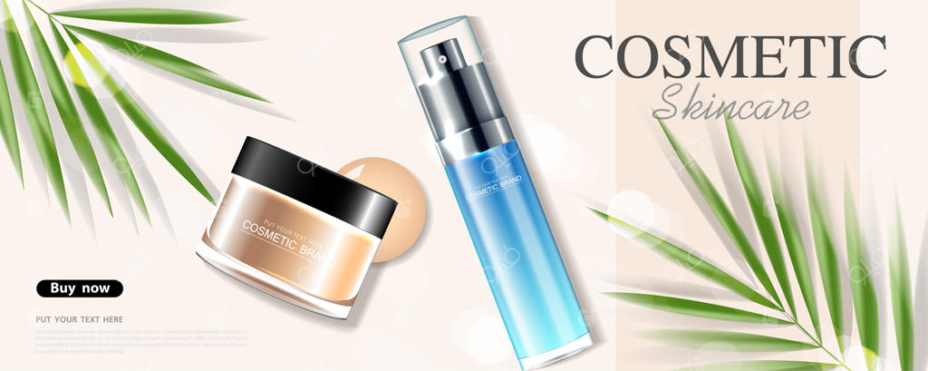 تبلیغات محصولات آرایشی یا مراقبت از پوست با بطری و برگ‌های گرمسیری. طراحی تصویرسازی وکتور.