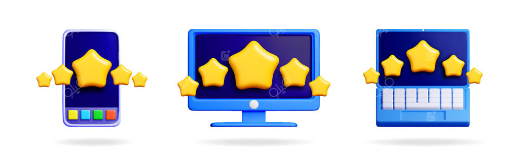 پنج ستاره طلایی بر روی گوشی هوشمند، مانیتور کامپیوتر و لپ‌تاپ؛ مفهومی از امتیازدهی کیفیت، بازخورد مشتری و سیستم نظرات آنلاین.