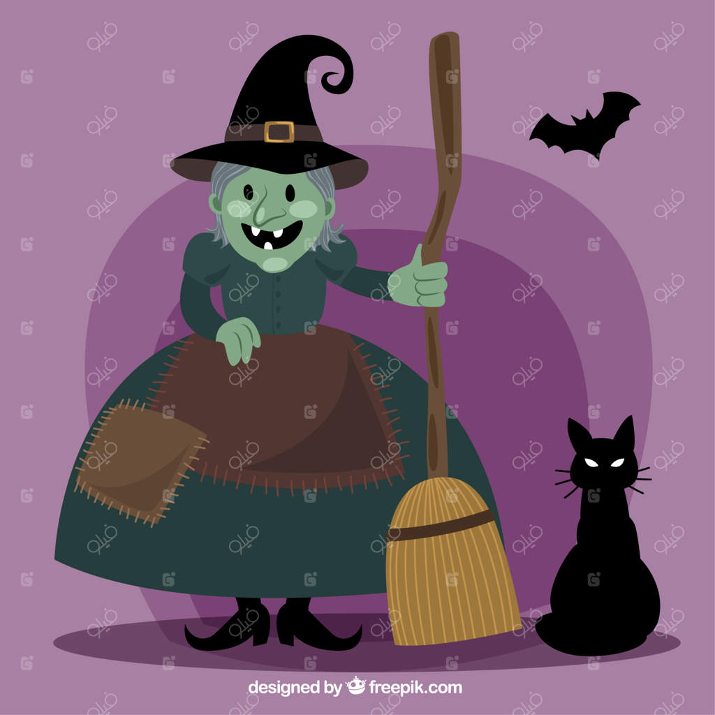 کارتون جادوگر با گربه و خفاش