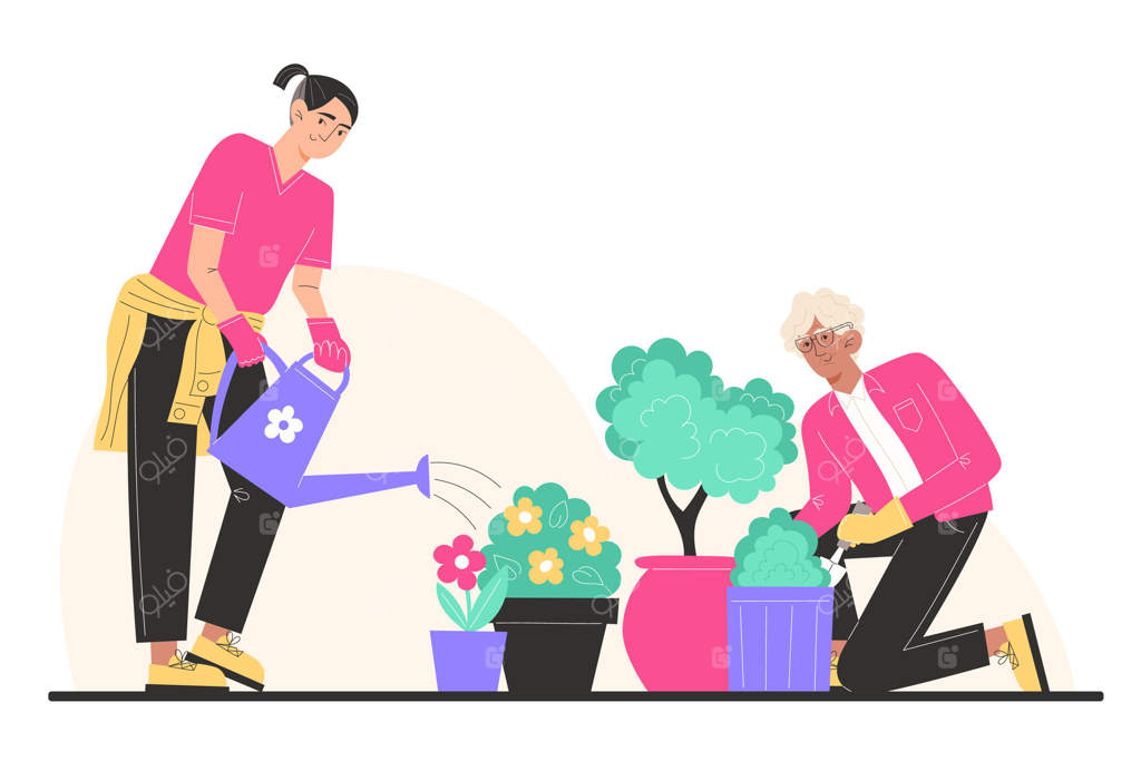 کاشت و آبیاری گل‌ها در باغ توسط پدربزرگ و نوه‌اش