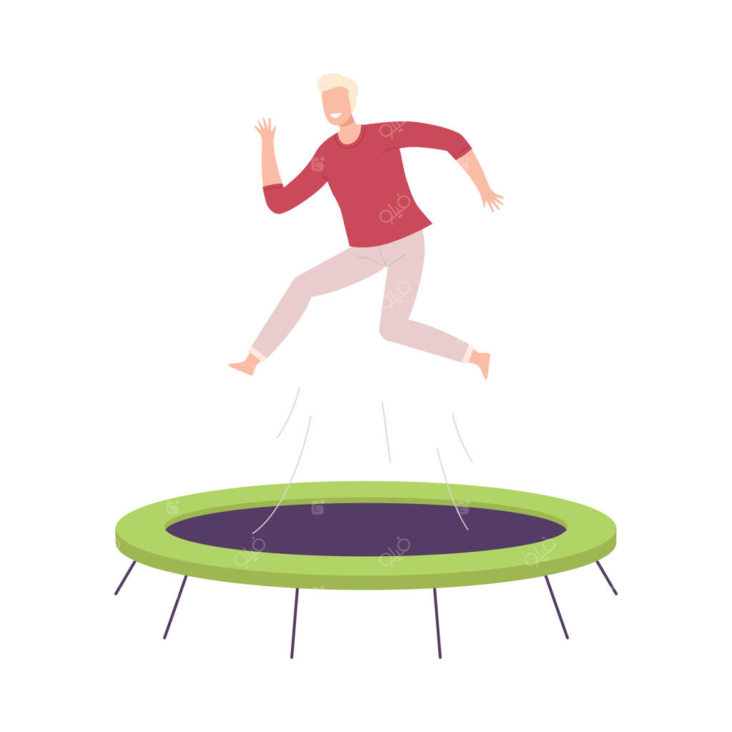 پسر شادی که روی ترامپولین در باغ می‌پرَد، سبک زندگی پرنشاط و سالم در تابستان، تصویرسازی به سبک تخت