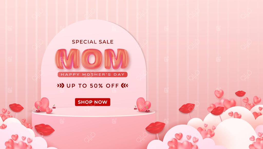تبلیغ ویژه فروش روز مادر با زمینه صورتی و قلب‌ها