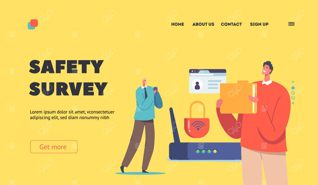 قالب صفحه فرود نظرسنجی ایمنی حفاظت از داده‌ها با شخصیت‌های مرد و پوشه و گوشی هوشمند در کنار روتر وای‌فای