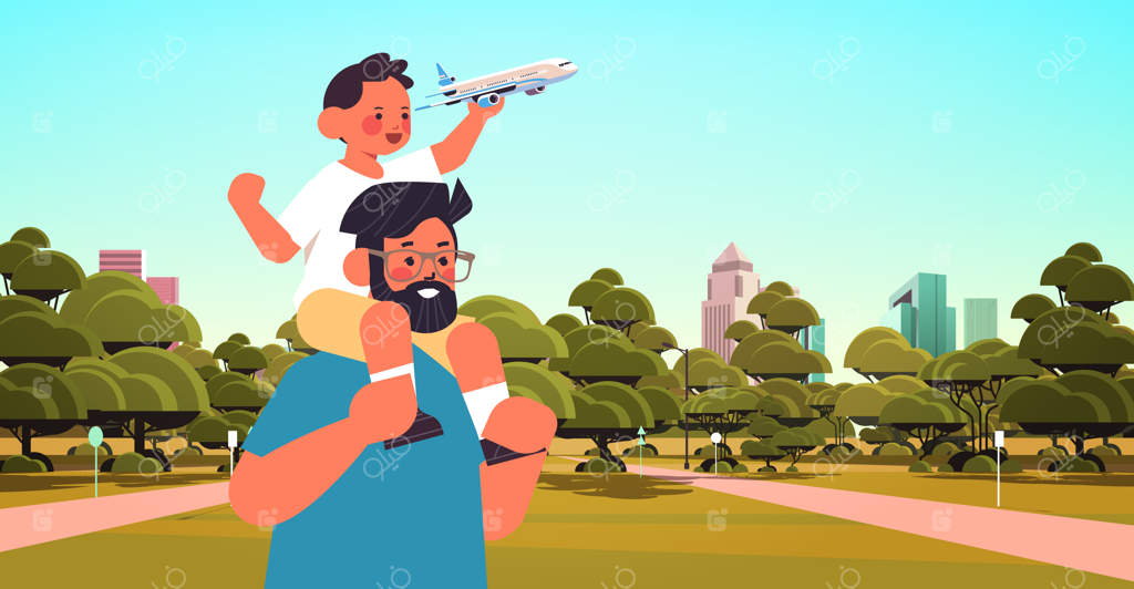 پسر کوچک هواپیما اسباب‌بازی در دست روی شانه پدر، مفهوم پدری و فرزندپروری، قدم زدن پدر با فرزندش در پارک شهری، تصویر افقی وکتور