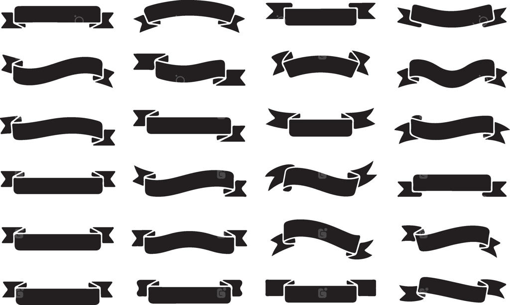 مجموعه گرافیکی سیلوئت بنرهای سیاه متنوع برای نشان‌ها، المان‌ها و پروژه‌های طراحی با جذابیت کلاسیک و بی‌زمان