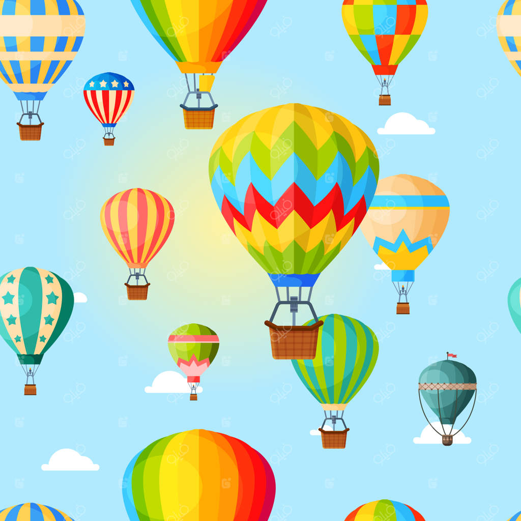 بالن هوای رنگارنگ، الگو، حمل‌ونقل هوایی برای سفر، تفریح و سرگرمی، طراحی و سبک.