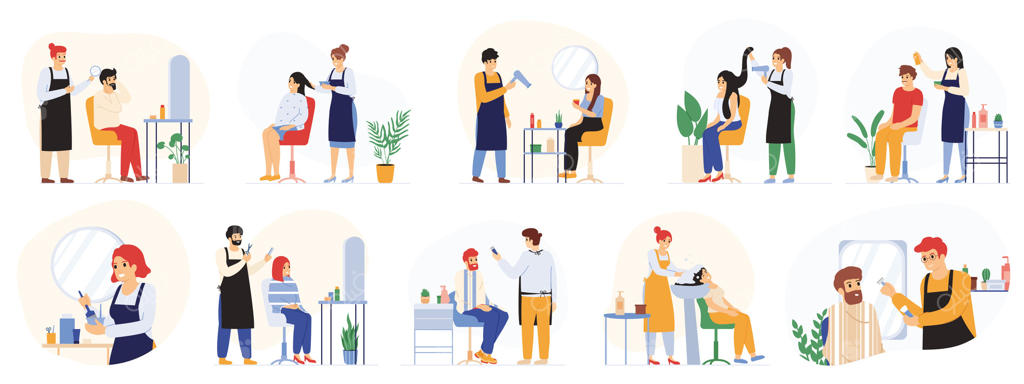 آرایشگران، پیرایشگران، آرایشگاه زیبایی، خدمات سالن آرایش. مجموعه‌ای از تصاویری از مشتریان بازدیدکننده از آرایشگاه. کارکنان سالن زیبایی و مشتریان
