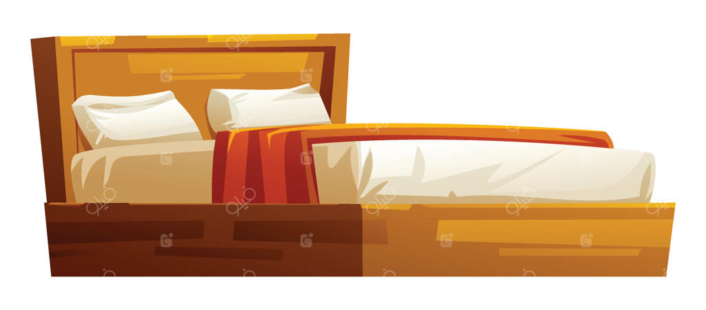 تخت چوبی با تشک سفید، پتوی نارنجی و بالش‌ها برای اتاق‌خواب دنج. تصویر کارتونی