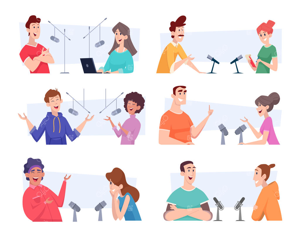 مجموعه‌ای از تصاویر دقیق وکتور: گفتگوی استودیو رادیویی با میکروفن و افراد در حال صحبت کردن