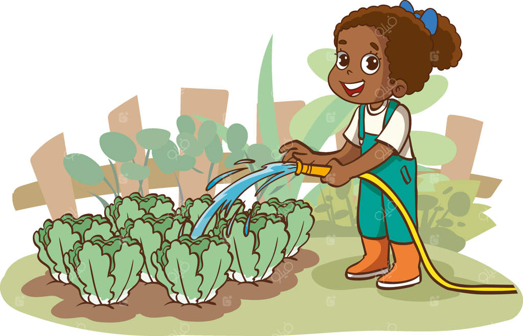 تصویر دختر بامزه‌ای که به گیاهانش در باغچه آب می‌دهد