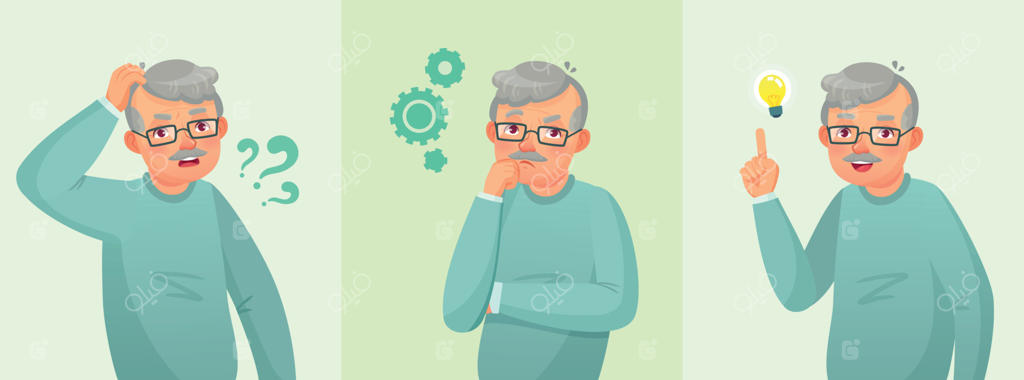 تفکر پدربزرگ: حل سوال توسط مرد سالخورده، تصویرسازی مفهومی مرد مسن متفکر و افراد مسن گیج در قالب کارتون وکتور