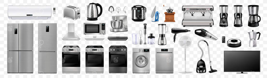 مجموعه‌ای از لوازم خانگی و آشپزخانه: مایکروویو، ماشین لباس‌شویی، یخچال