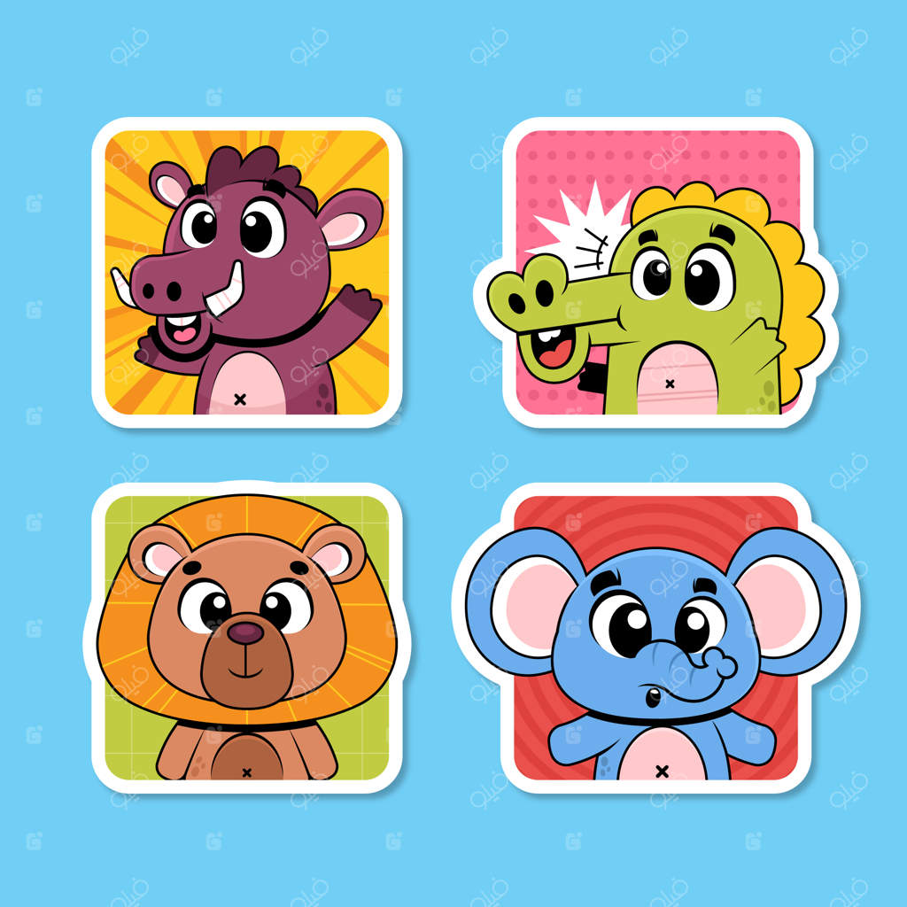 مجموعه برچسب‌های نقاشی‌دستی حیوانات بامزه سافاری