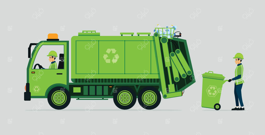 راننده کامیون زباله و سطل بازیافت با پس‌زمینه طوسی