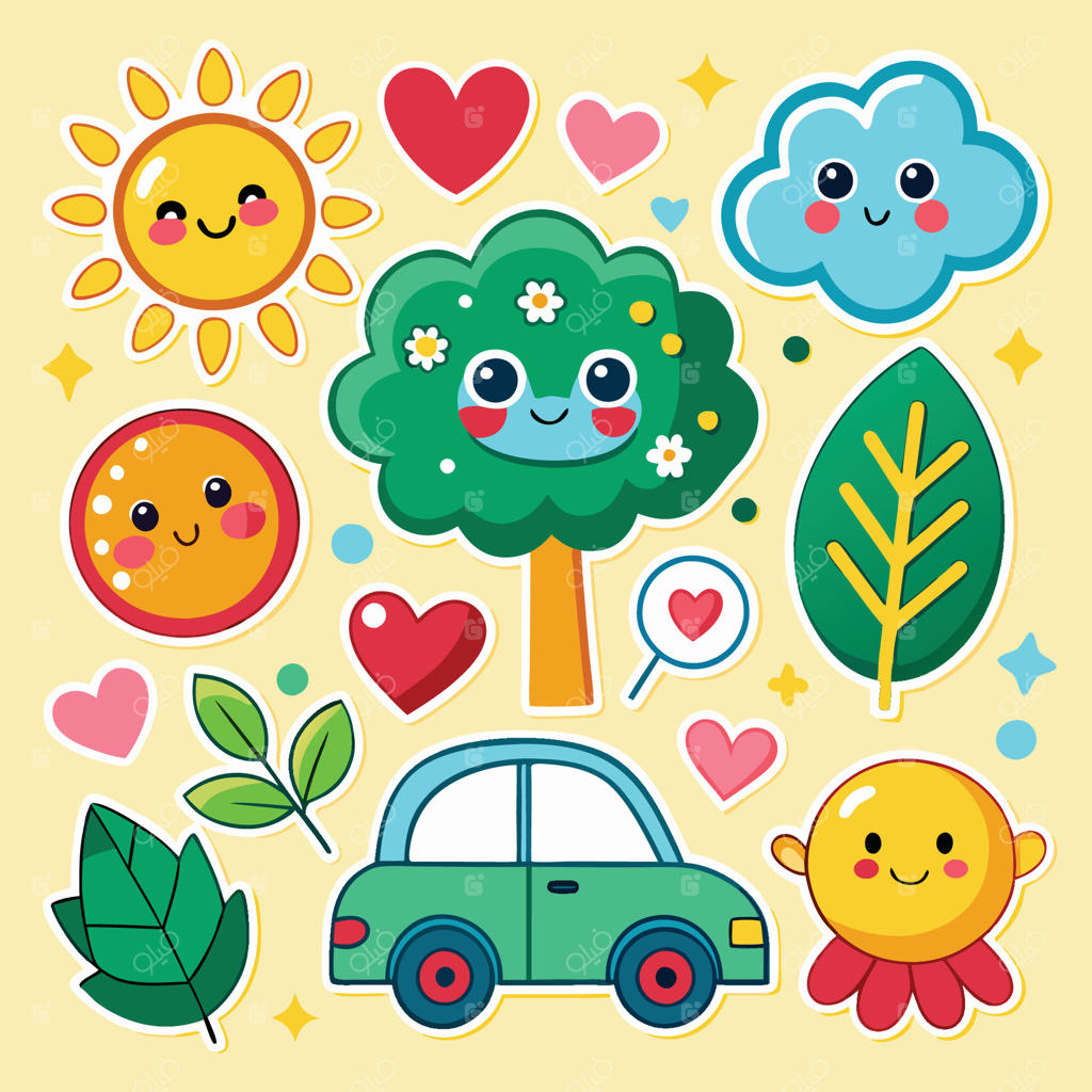 استیکرهای کارتونی بامزه با طرح ماشین، درخت، و قلب‌ها