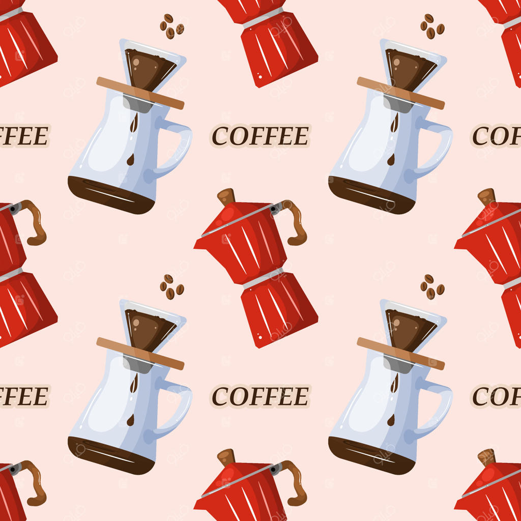 طرح یکپارچه از عناصر مختلف دم‌کردن قهوه، شامل موکاپات و ستاپ‌های پوراُوِر، همراه با کلمه «قهوه» پراکنده در سراسر. ایده‌آل برای پس‌زمینه، منسوجات و بسته‌بندی.