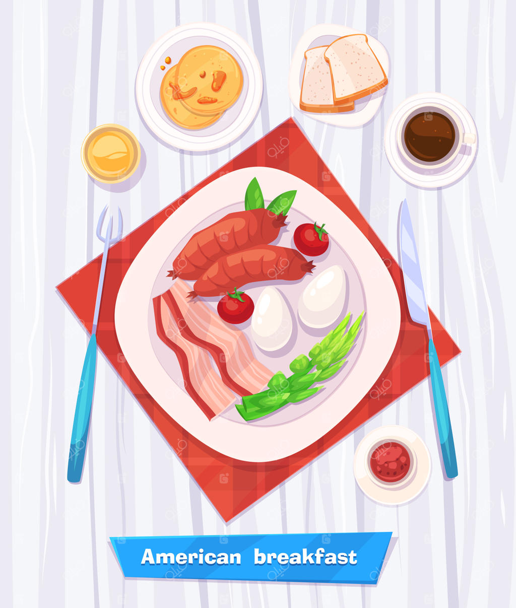 صبحانه سالم با سوسیس، بیکن، قهوه، تخم‌مرغ و آب‌میوه؛ نمایی از بالا روی میز چوبی شیک با فضای خالی برای متن. تصویرسازی.